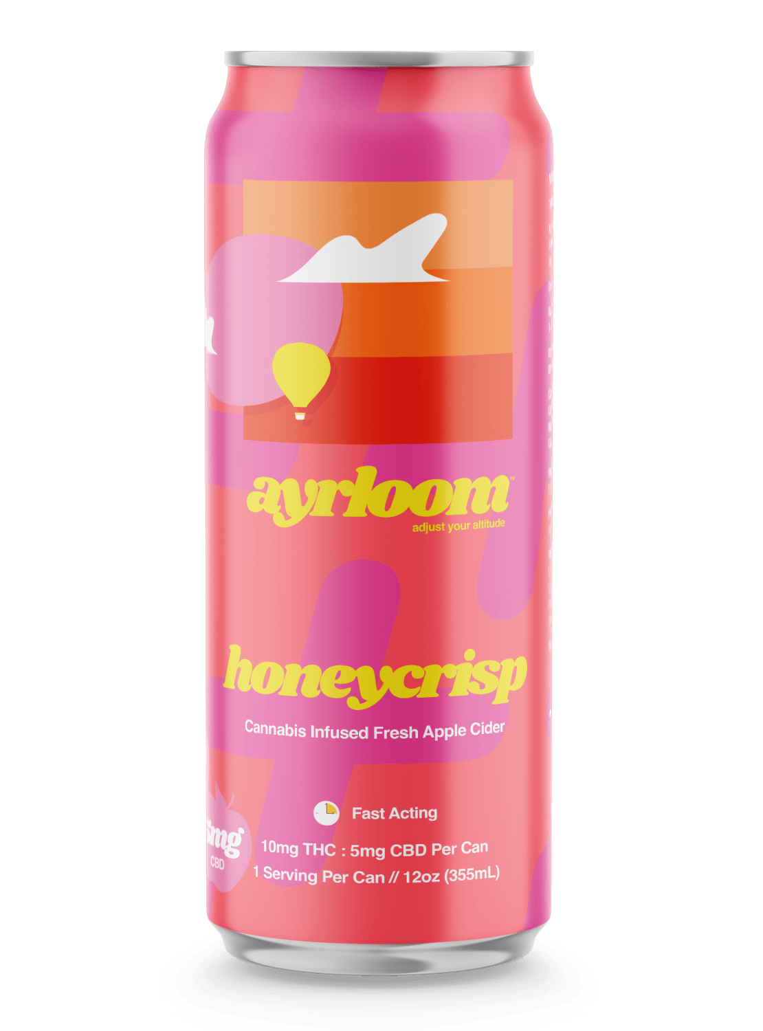 This image features a vibrant and attractively designed can of "Ayrloom Honeycrisp" fresh apple cider. The can is colored in a lively mix of pink and orange hues, with playful cloud illustrations adding a whimsical touch.