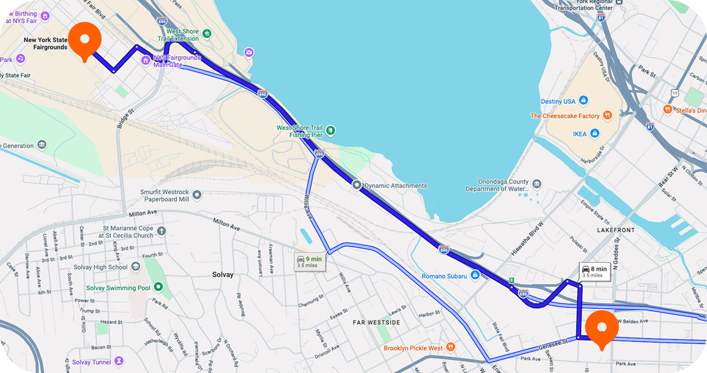 Route map between the New York State Fairgrounds and casa bliss