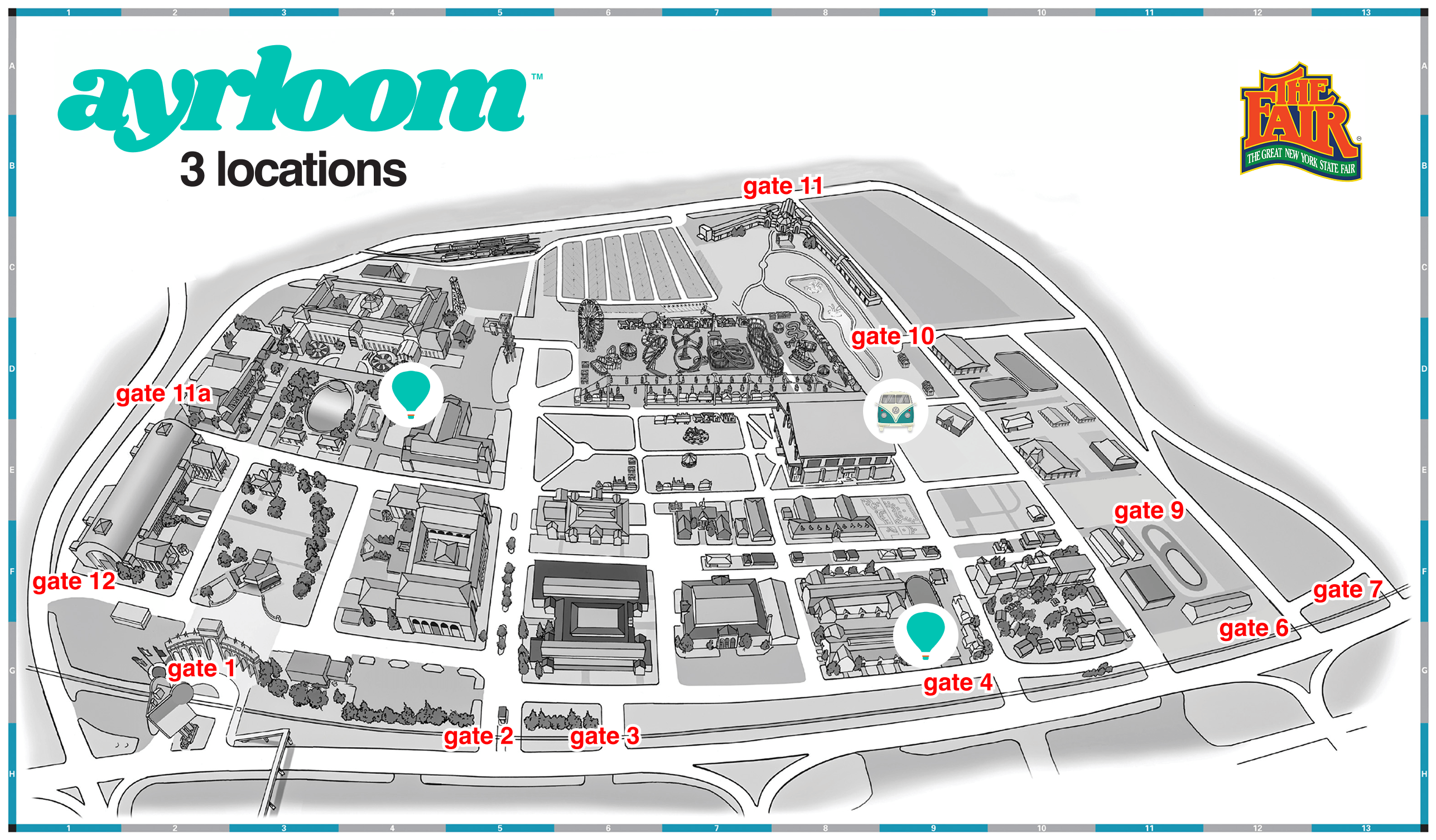 Map showing three ayrloom locations at the Great New York State Fair