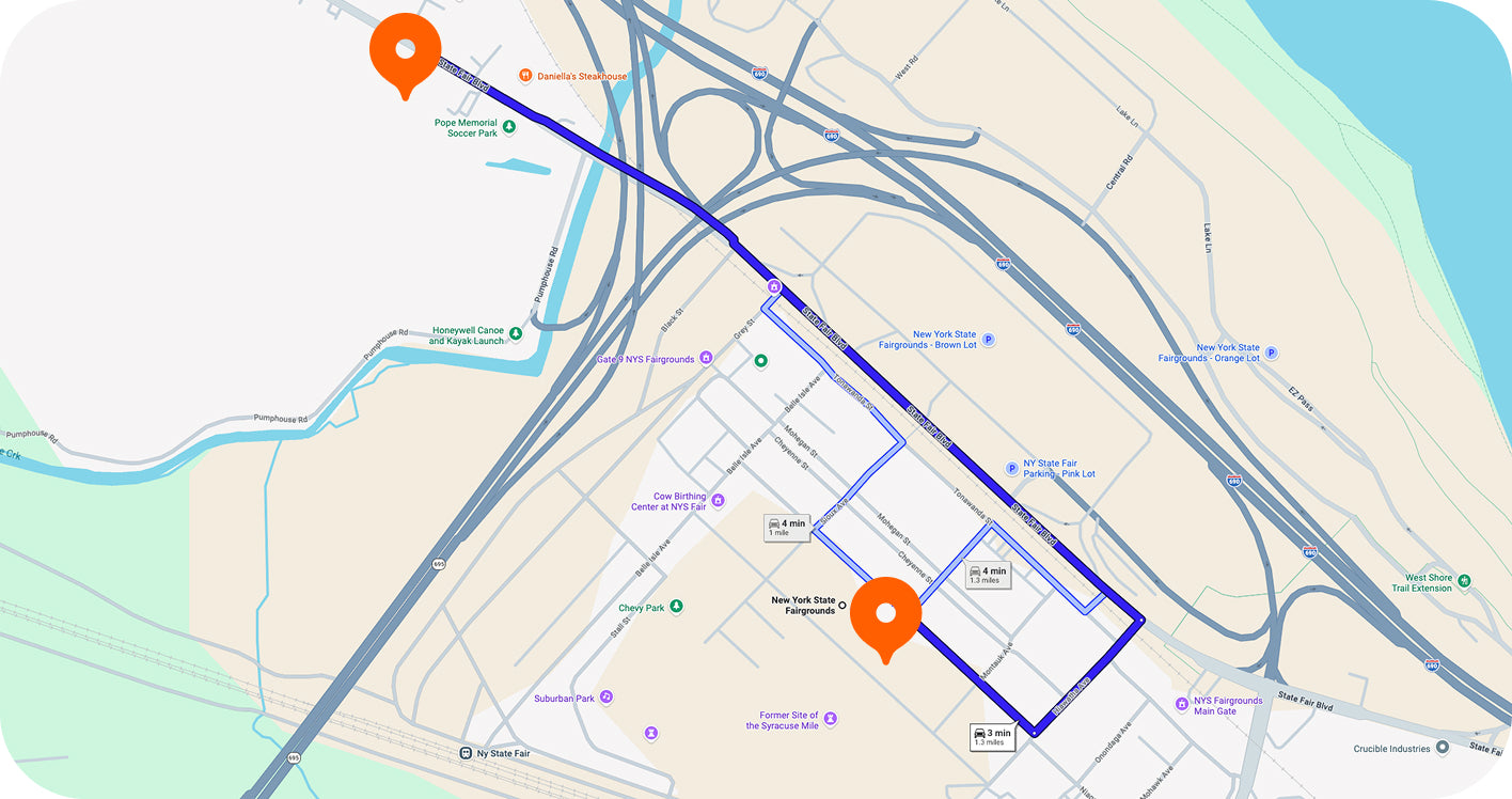 Route map between the New York State Fairgrounds and flynnstoned — syracuse, state fair blvd
