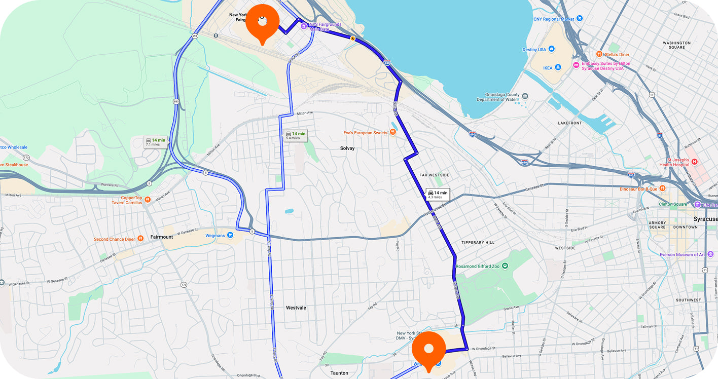 Route map between the New York State Fairgrounds and joe's buds